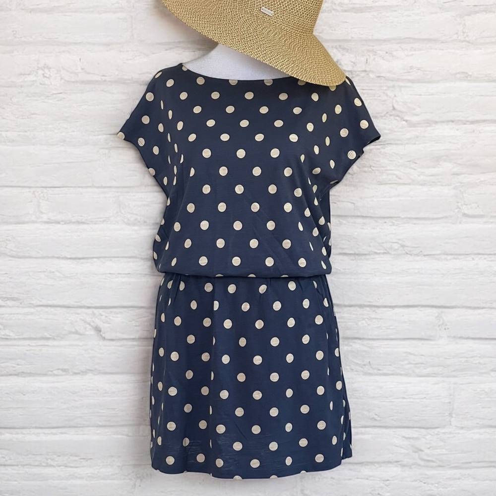 Garnet Hill Navy Blue Tan Polka Dot Drop Waist Knit Dress Sz 4 Pockets Boat Neck
